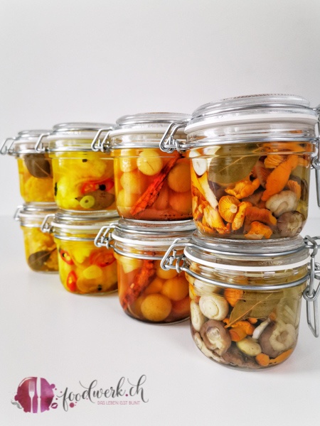 Essiggemüse aus der Oktober Challenge von foodblogs Schweiz. Pilze, Quitte, Blumenkohl und Mais