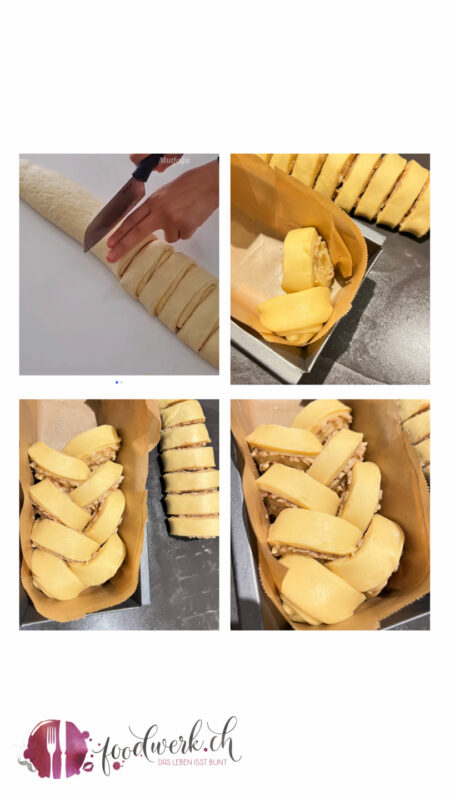 Einschichten in die Cakeform des Apfel Zimt Brioche